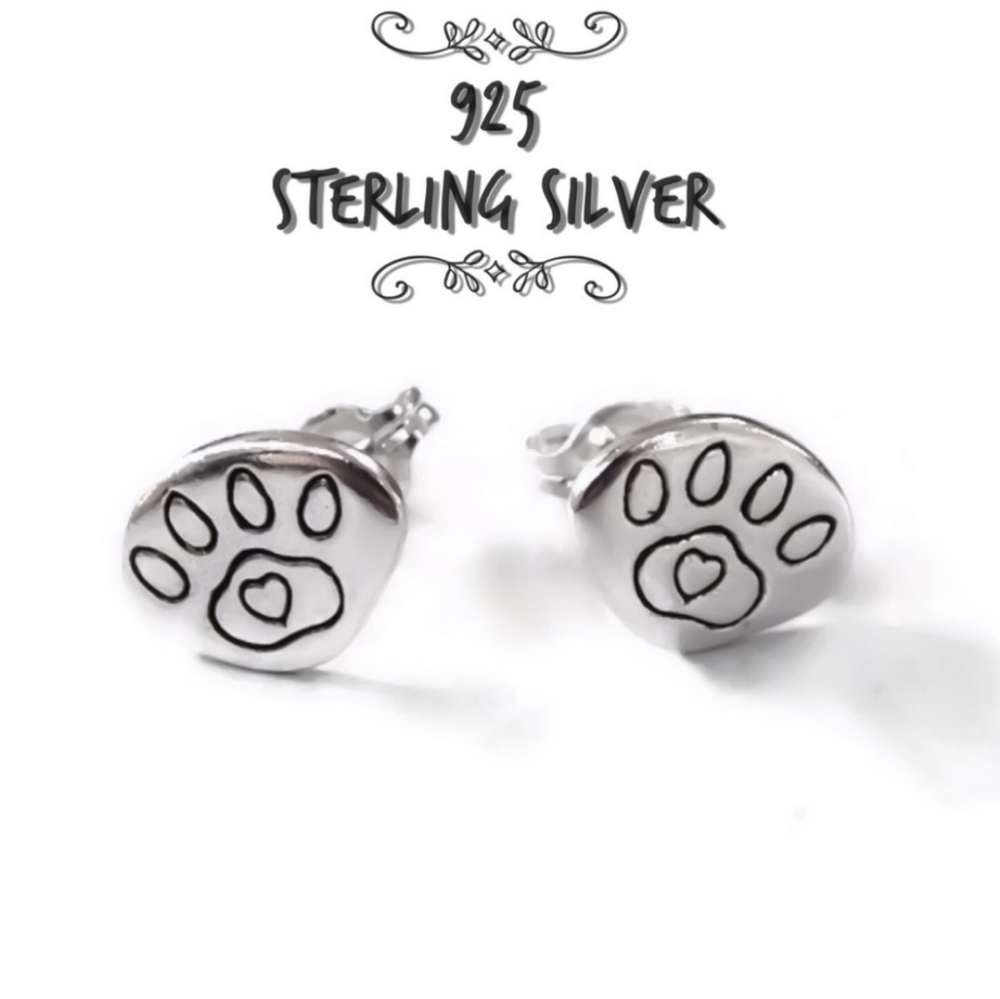 925 sterling silver pet lover paw print stamped/ engraved stud earrings